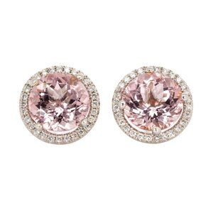 Round Morganite & Natural Diamond Halo Stud Earrings in Solid 14K White Gold